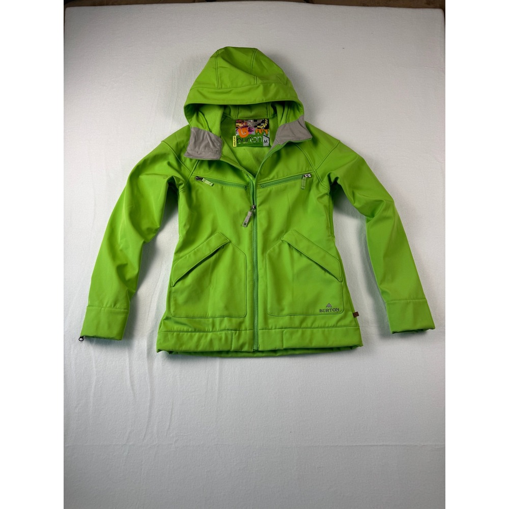 Burton Dryride Softshell Jacket Womens Medium Lime Green Hooded Fleece Lined Zip